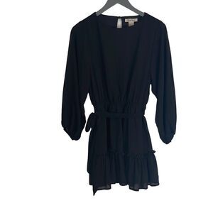 Flying Tomato Women's Long Sleeve Dress Mini Elastic Tie Waist Sheer Black Small